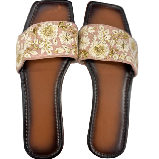 Embroidered Blush Pink Ethnic Slip-On Flats with Golden Detailing