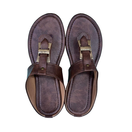 Brown Leatherette Kolhapuri Sandals with Golden Buckle Detail – Casual & Ethnic Footwear