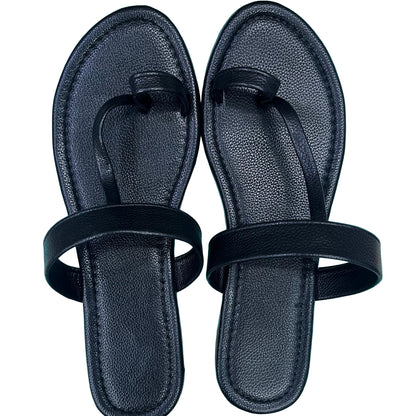 Black Leatherette Flat Sandals with Toe Loop & Broad Strap