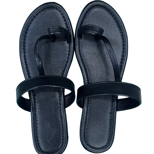 Black Leatherette Flat Sandals with Toe Loop & Broad Strap