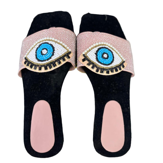 Pink Beaded Evil Eye Slip-On Sandals for Women