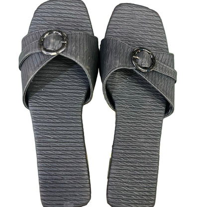 Women's Grey Textured Buckle Strap Open-Toe Flat Slippers