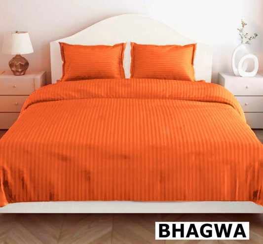 Bhagwa (Orange) Glace Cotton Striped Bedsheet Set – 144 GSM with Pillow Covers