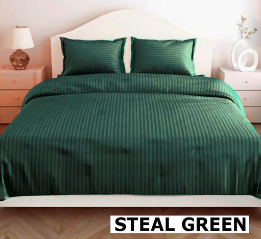 Steal Green Glace Cotton Striped Bedsheet Set – 144 GSM with Pillow Covers