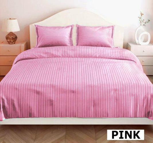 Pink Striped Glace Cotton Bedsheet with 2 Pillow Covers – 144 GSM