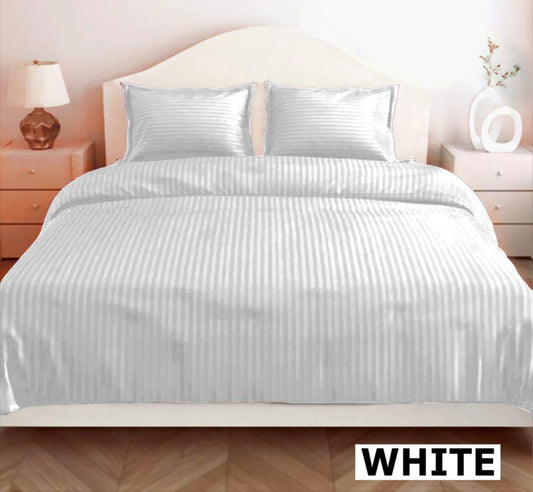 Luxury White Glace Cotton Bedsheet Set with 2 Pillow Covers – 144 GSM, Striped Design