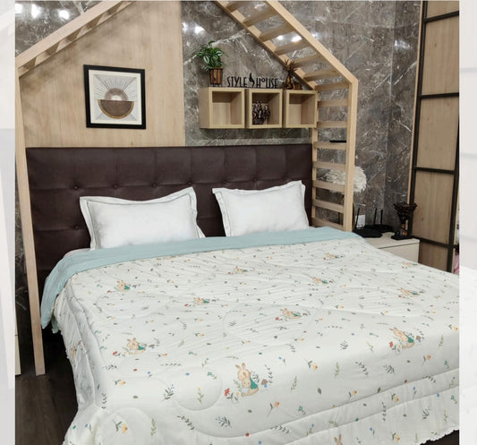 Reversible Fine Glace Cotton Comforter with Microfiber Filling & Lace Border – Solid + Bunny Floral Print
