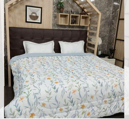 Reversible Fine Glace Cotton Comforter with Microfiber Filling & Lace Border – Solid + Leafy Floral Print