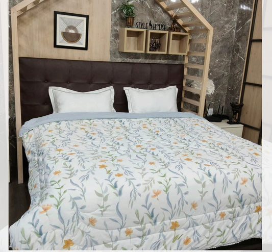 Reversible Fine Glace Cotton Comforter with Microfiber Filling & Lace Border – Solid + Leafy Floral Print