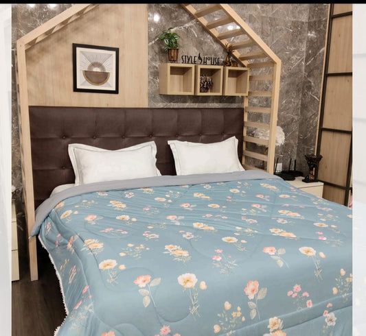 Reversible Fine Glace Cotton Comforter with Microfiber Filling & Lace Border – Solid + Blue Floral Print