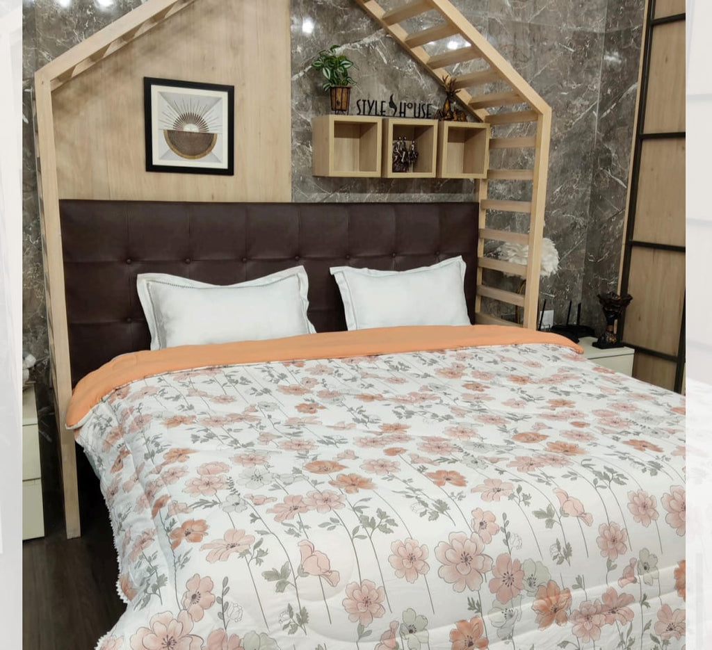 Reversible Fine Glace Cotton Comforter with Microfiber Filling & Lace Border – Solid + Peach Floral Print