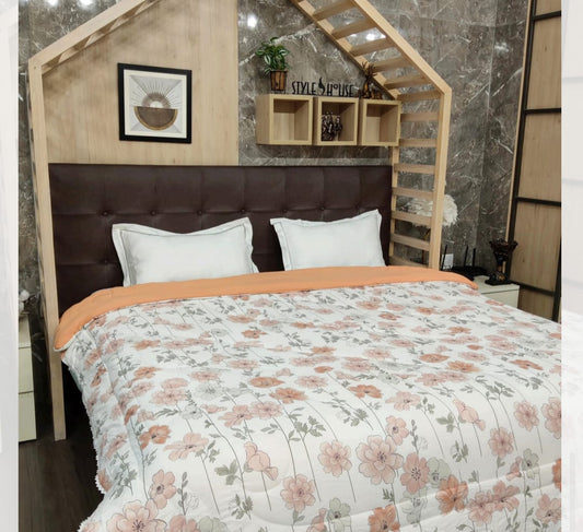 Reversible Fine Glace Cotton Comforter with Microfiber Filling & Lace Border – Solid + Peach Floral Print