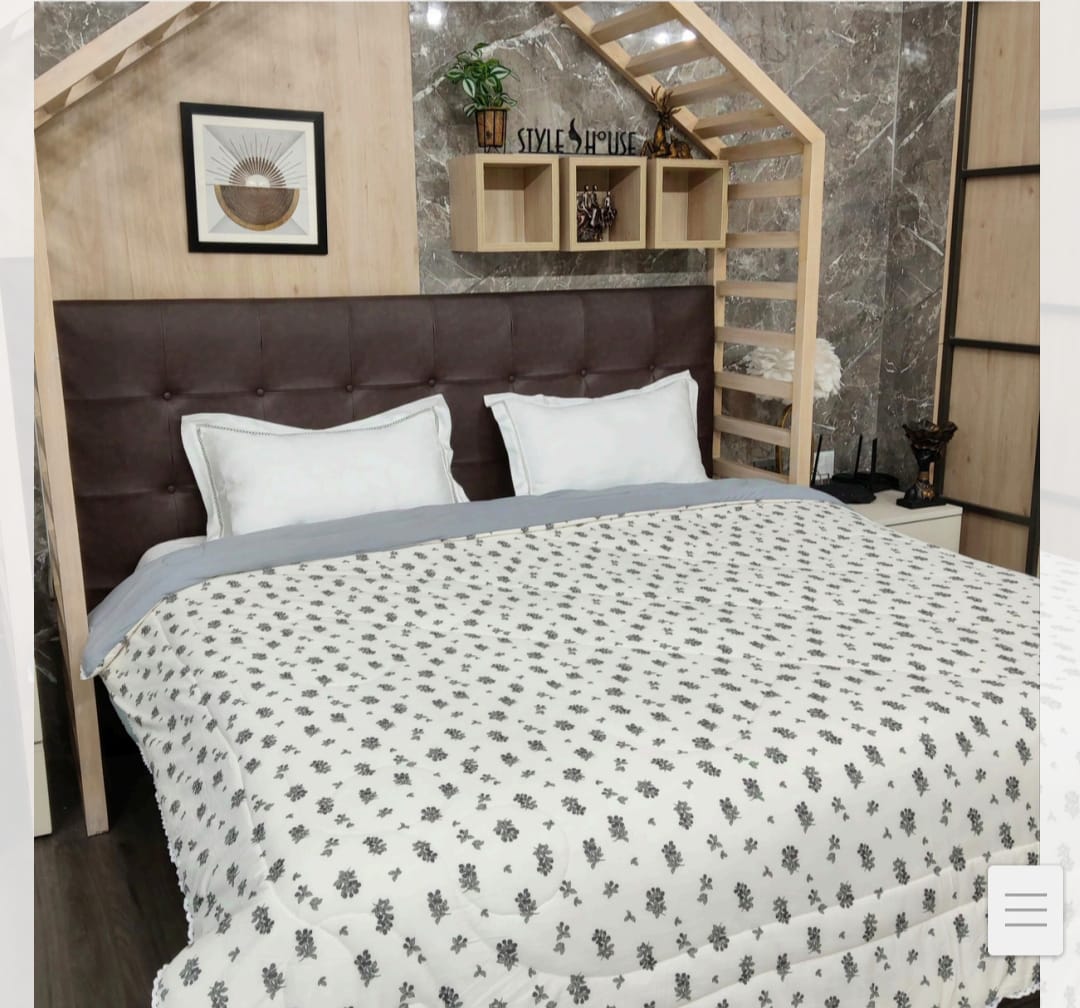Reversible Fine Glace Cotton Comforter with Microfiber Filling & Lace Border – Solid Grey + Black Floral Print