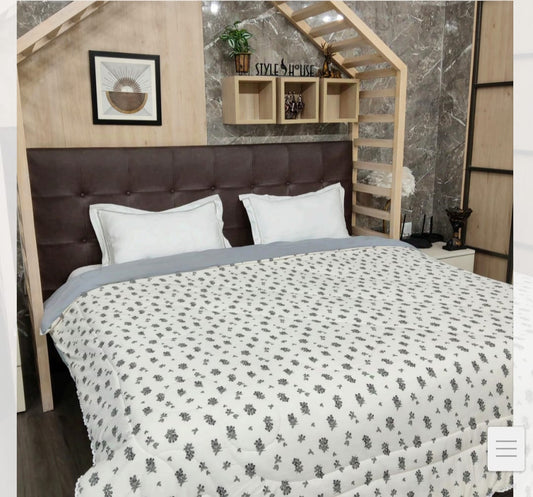 Reversible Fine Glace Cotton Comforter with Microfiber Filling & Lace Border – Solid Grey + Black Floral Print