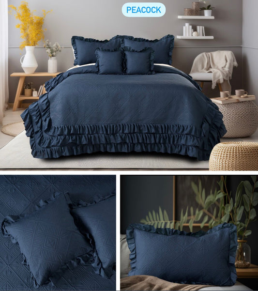 Premium Glace Cotton Embossed Bedcover with Frill Edges – Elegant Ruffled Bedding Set