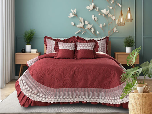5-Piece Luxury Glace Cotton Bedcover Set with Frill & Lace – Includes Bedcover, Pillow Covers & Cushions (Maroon)