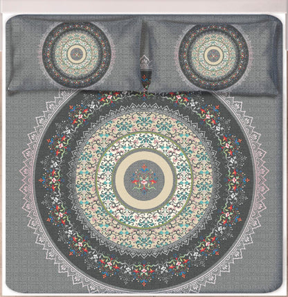 Digital Print Satin Cotton Bedsheet – Grey Mandala Elegance