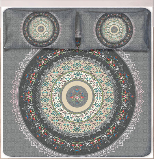 Digital Print Satin Cotton Bedsheet – Grey Mandala Elegance