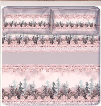 Digital Print Satin Cotton Bedsheet – Blush Forest Serenity