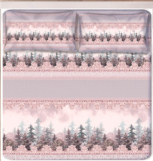 Digital Print Satin Cotton Bedsheet – Blush Forest Serenity