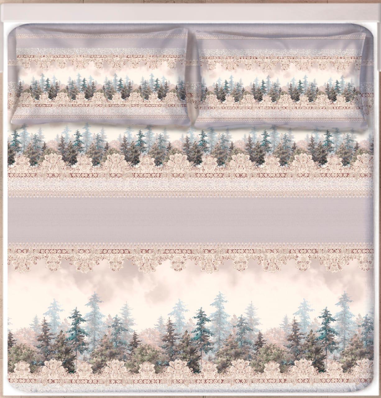 Digital Print Satin Cotton Bedsheet – Misty Forest Beige