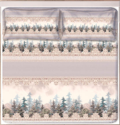 Digital Print Satin Cotton Bedsheet – Misty Forest Beige