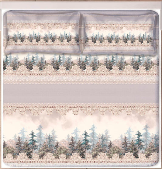 Digital Print Satin Cotton Bedsheet – Misty Forest Beige