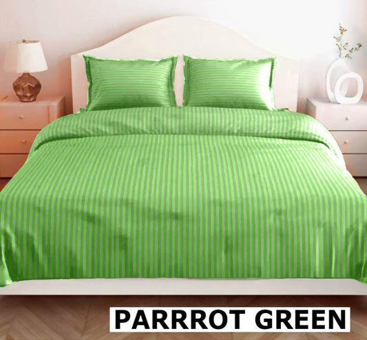 Parrot Green Glace Cotton Striped Bedsheet Set – 144 GSM with Pillow Covers