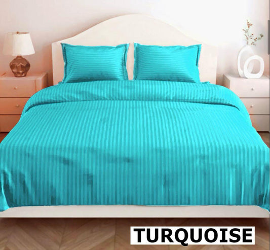 Turquoise Glace Cotton Striped Bedsheet Set – 144 GSM with Pillow Covers