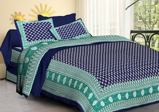 Premium Cotton Double Bedsheet with Pillow Covers – Indigo & Teal Block Print, 210 TC