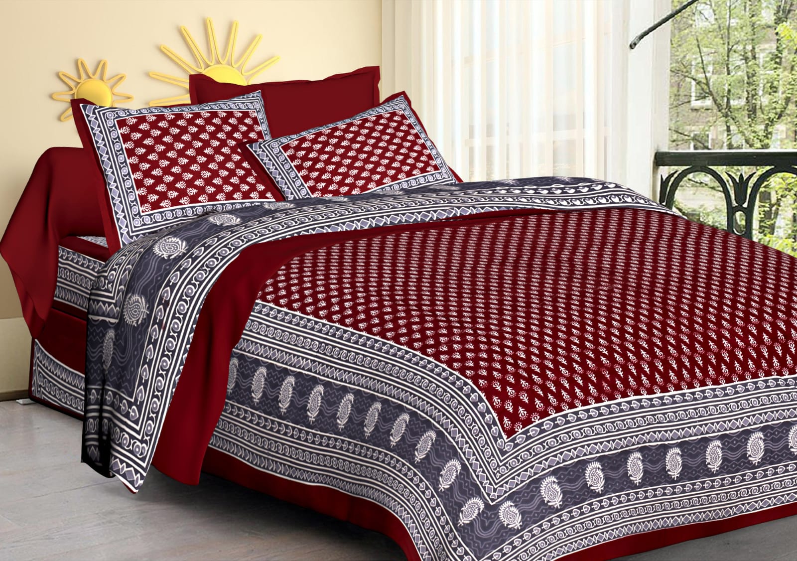 Premium Cotton Double Bed Sheet with 2 Pillow Covers – 210 TC, Maroon & Grey Traditional Print