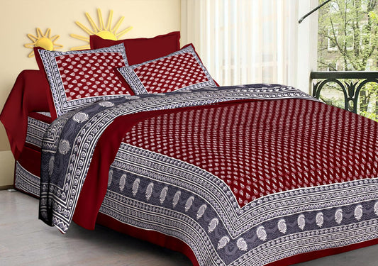 Premium Cotton Double Bed Sheet with 2 Pillow Covers – 210 TC, Maroon & Grey Traditional Print