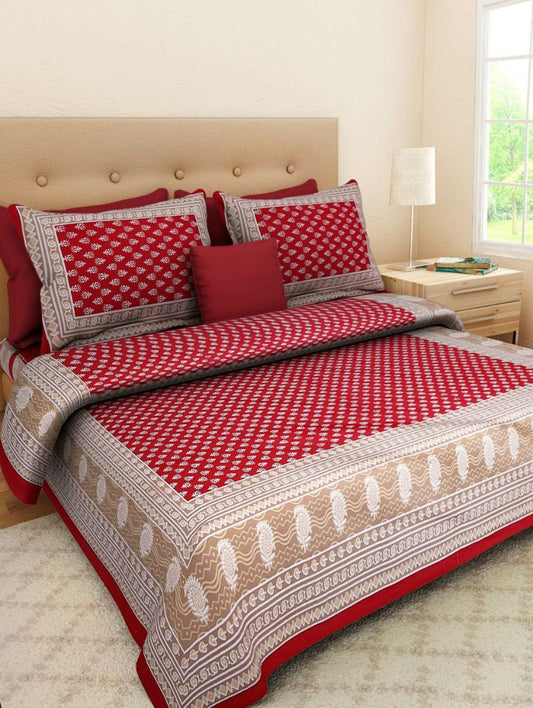 Jaipuri Cotton Double Bedsheet with 2 Pillow Covers – Red & Beige Floral Print, TC 210