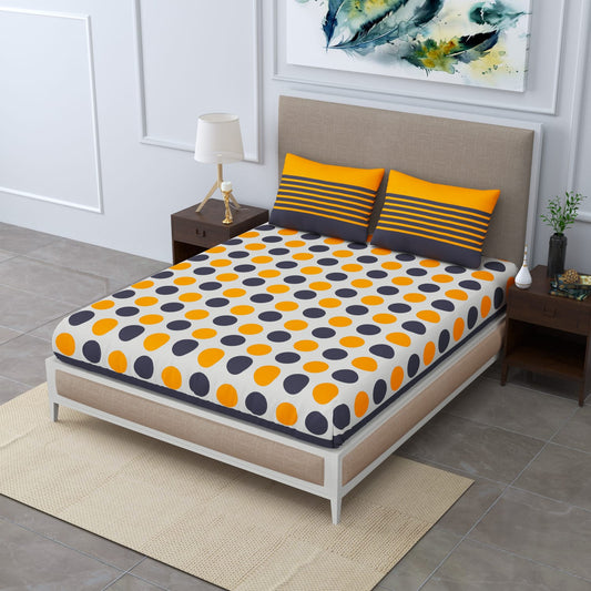 210 TC Cotton Double Bedsheet with 2 Pillow Covers | Yellow & Grey Polka Dot & Stripe Design | Soft & Durable