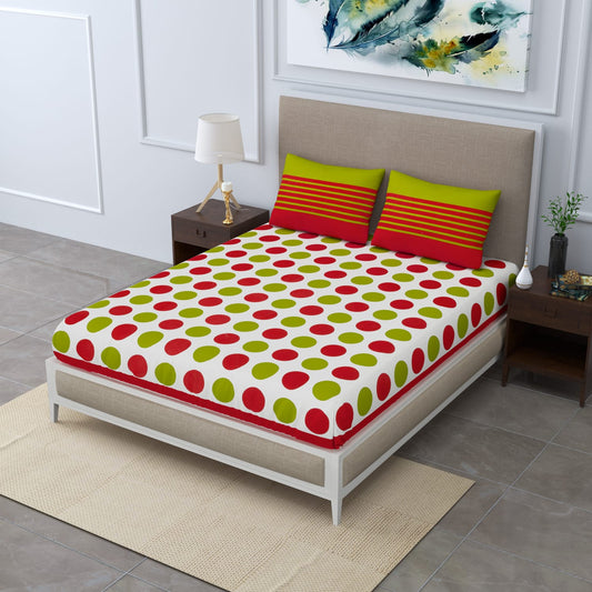 Premium 210 TC Double Bedsheet with Pillow Covers – Red & Green Polka Dot Design