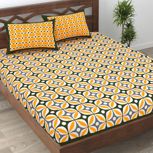 Premium 210 TC Double Bedsheet with Pillow Covers – Yellow & Green Geometric Print