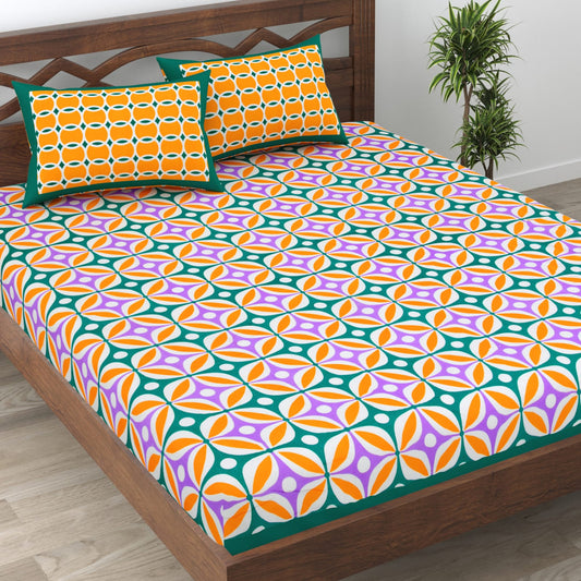 Premium 210 TC Double Bedsheet with Pillow Covers – Orange & Purple Geometric Floral Print