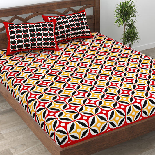 Premium 210 TC Double Bedsheet with Pillow Covers – Red, Black & Yellow Geometric Print