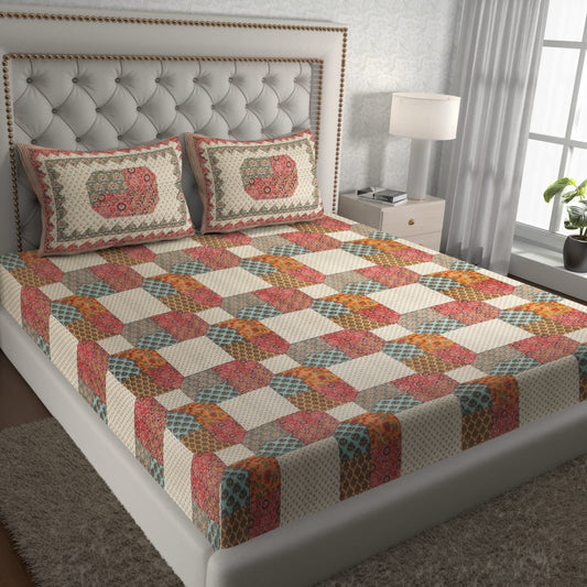 Premium 210 TC Double Bedsheet with Pillow Covers – Multicolor Patchwork Block Print
