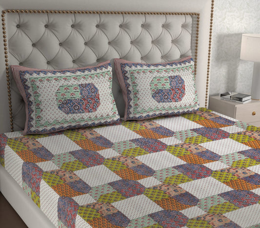 Premium 210 TC Cotton Double Bed Sheet with 2 Pillow Covers – Multicolor Geometric & Floral Print
