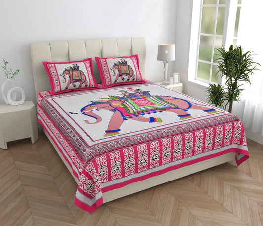 Premium 210 TC Cotton Double Bedsheet with Traditional Elephant Print – Set of 2 Pillow Covers