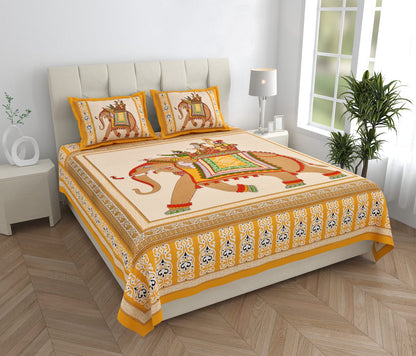 Jaipuri Cotton Double Bedsheet with 2 Pillow Covers – Rajasthani Elephant Print, Yellow & Beige (100x108, 210 TC)