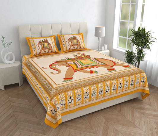 Jaipuri Cotton Double Bedsheet with 2 Pillow Covers – Rajasthani Elephant Print, Yellow & Beige (100x108, 210 TC)