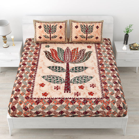 Premium Cotton Double Bedsheet with 2 Pillow Covers | 210 TC | Floral Handblock Print