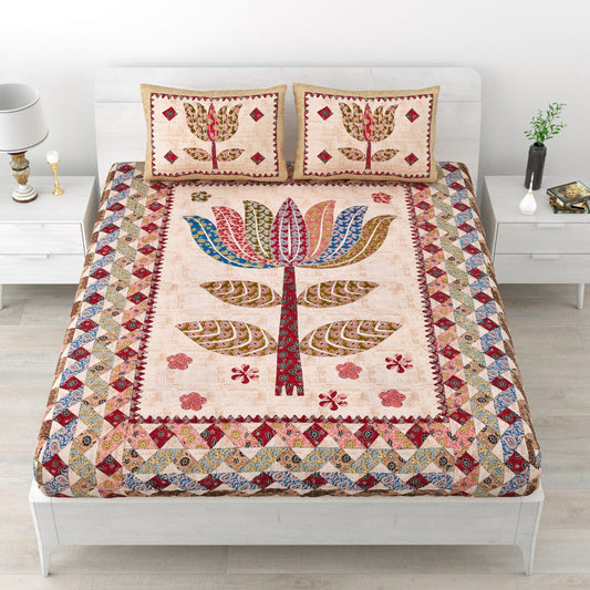 Premium 210 TC Cotton Double Bedsheet with 2 Pillow Covers – Traditional Lotus Print