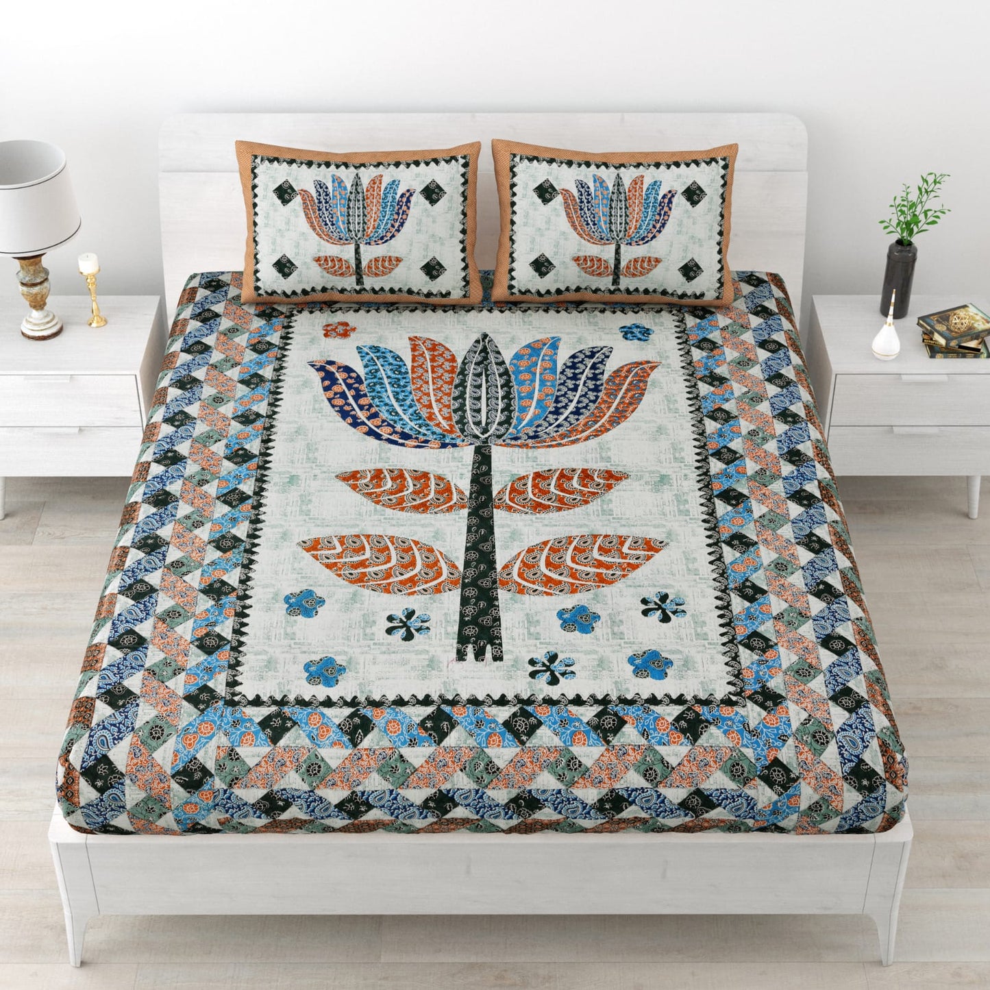 Premium Cotton Double Bedsheet with Pillow Covers – 210 TC | Handblock Print Floral Design