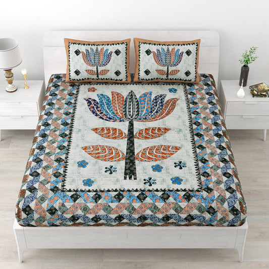 Premium Cotton Double Bedsheet with Pillow Covers – 210 TC | Handblock Print Floral Design
