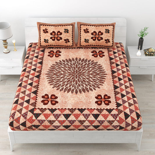 Premium TC 210 Double Bedsheet with 2 Pillow Covers | Cotton | Traditional Brown & Beige Floral Print