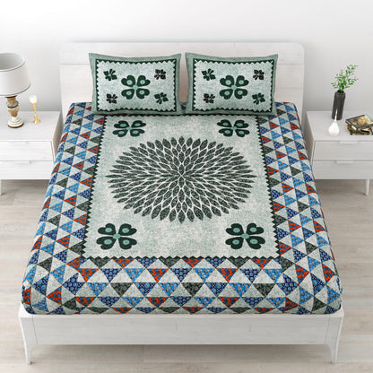 Handblock Print Double Bedsheet with Pillow Covers – 210 TC, Green & Blue Floral Mandala Design