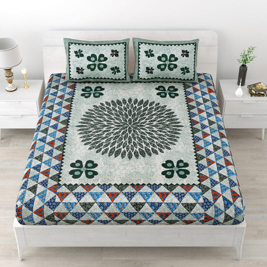 Handblock Print Double Bedsheet with Pillow Covers – 210 TC, Green & Blue Floral Mandala Design